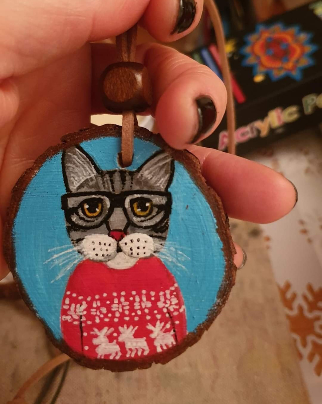 Gatto con gli occhiali - Natale - acrilico su legno