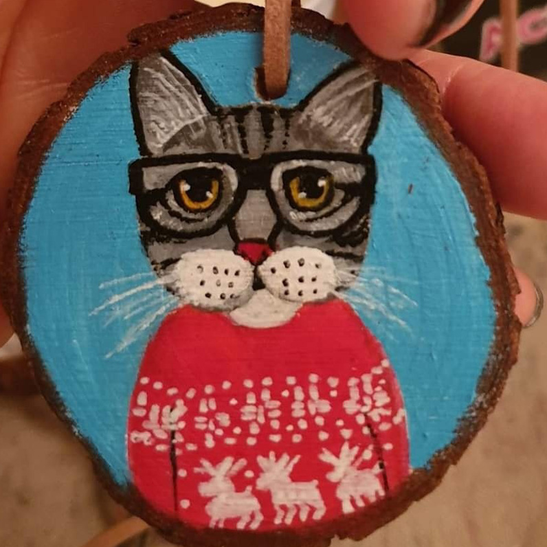 Gatto con gli occhiali - Natale - acrilico su legno